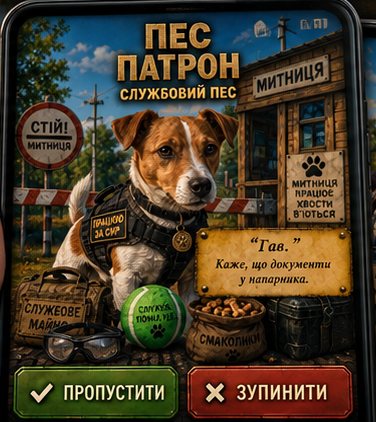 Картка мінігри «Митниця»: Пес Патрон, службовий пес, кнопки «Пропустити» і «Зупинити»