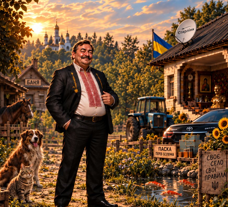 Сільський голова у вишиванці стоїть на своєму подвір'ї серед соняшників, біля трактора і нової машини